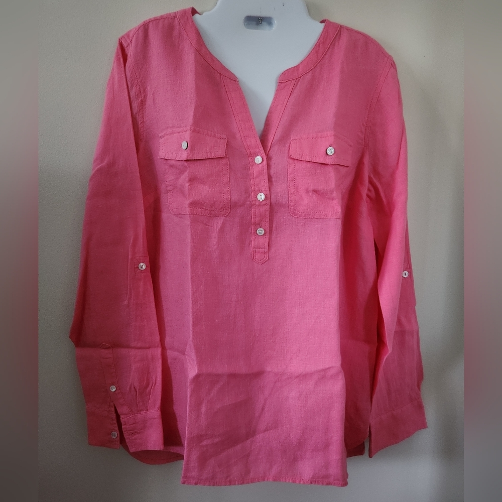 Talbots Pink Linen Long Sleeve Tunic with Mandarin Collar